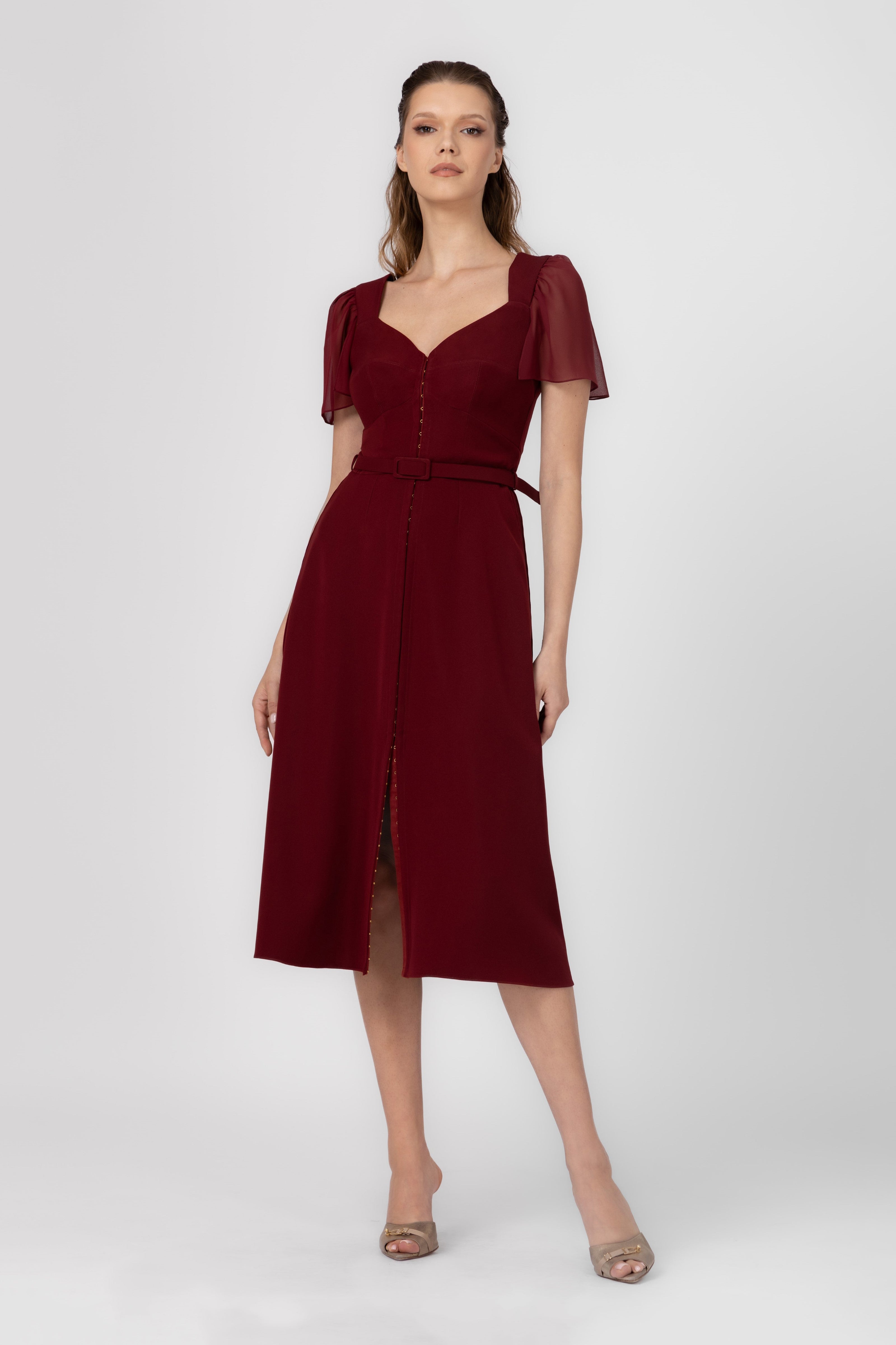 Rochie rosu burgund midi din satin Diversion