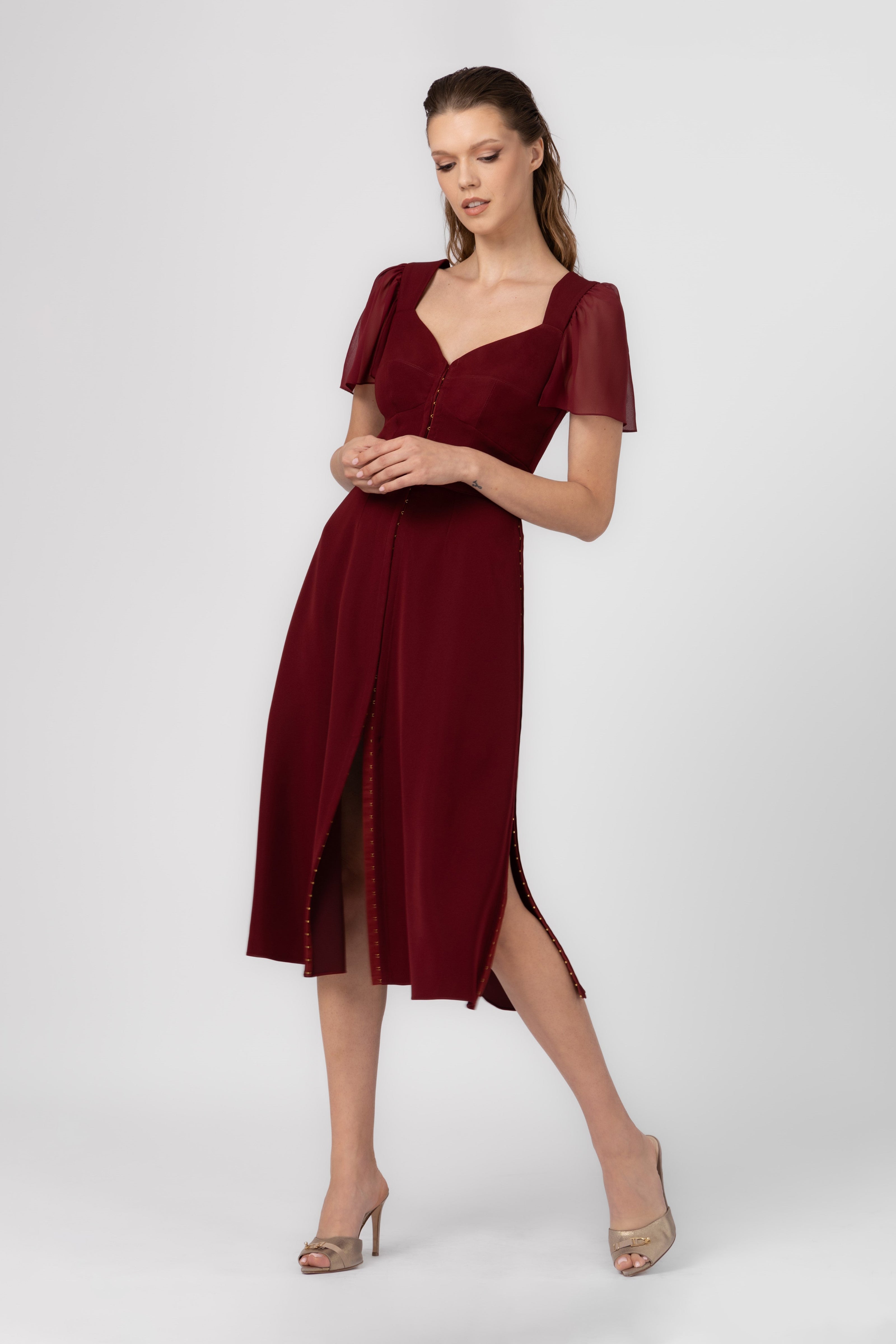 Rochie rosu burgund midi din satin Diversion