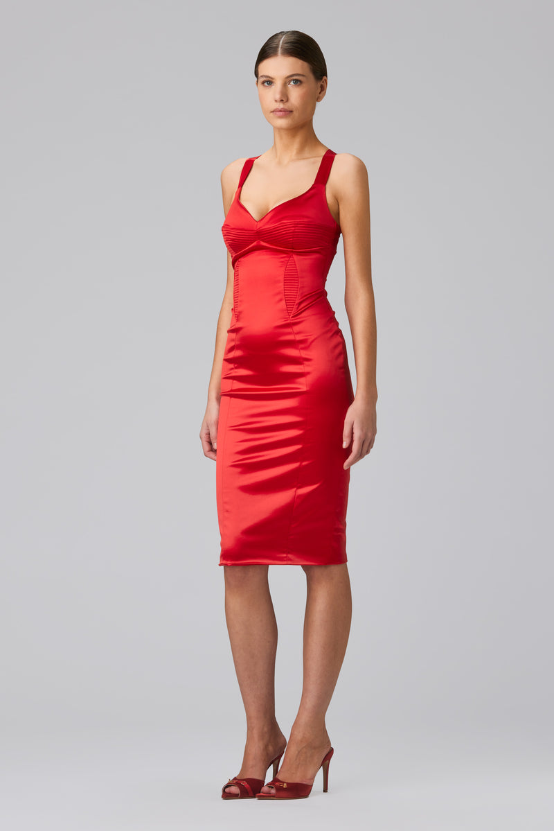 Rochie rosie din satin elastic Haze