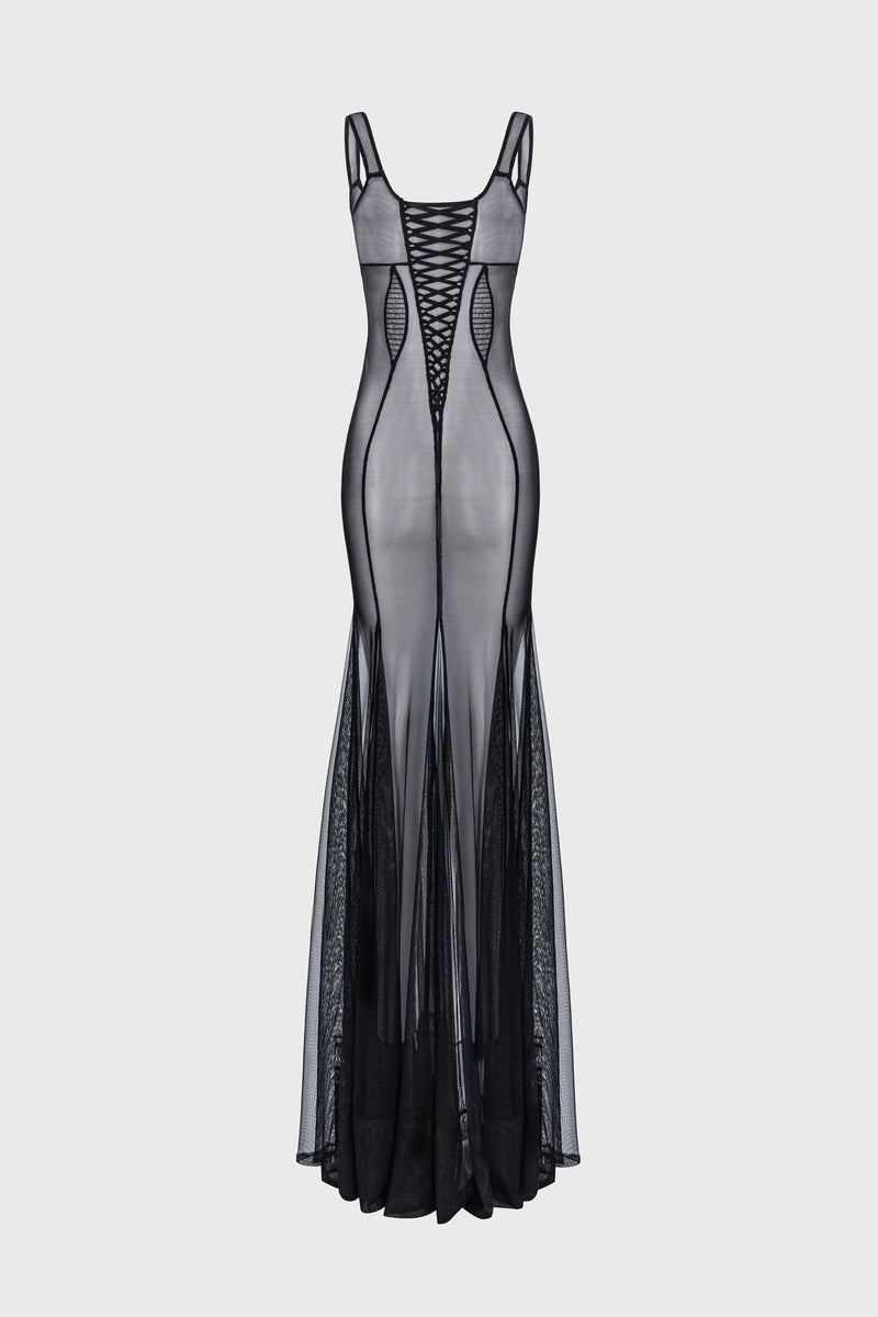 Rochie neagra din tul cu body si furou Tribut Haze