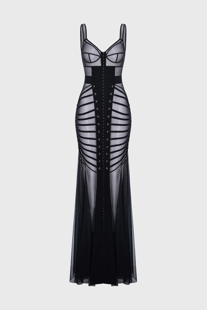 Rochie neagra din tul cu body si furou Tribut Zest