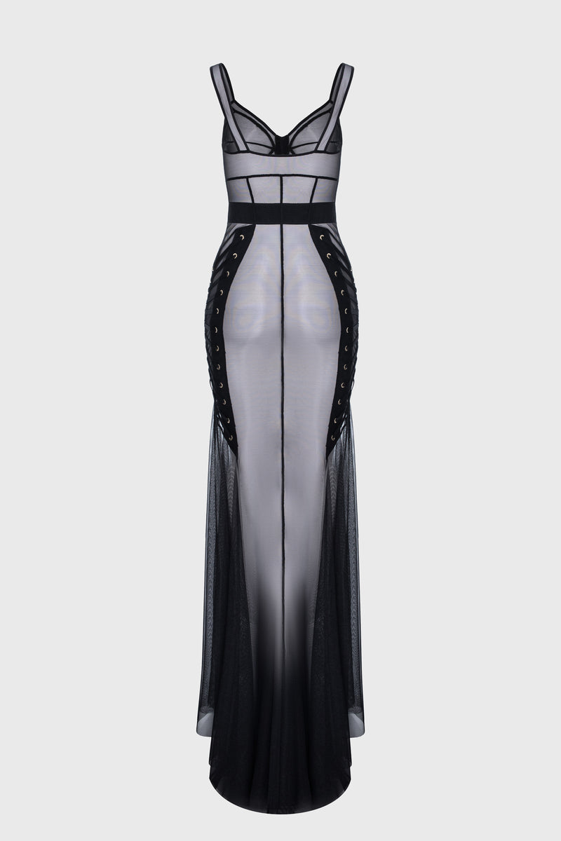 Rochie neagra din tul cu body si furou Tribut Zest