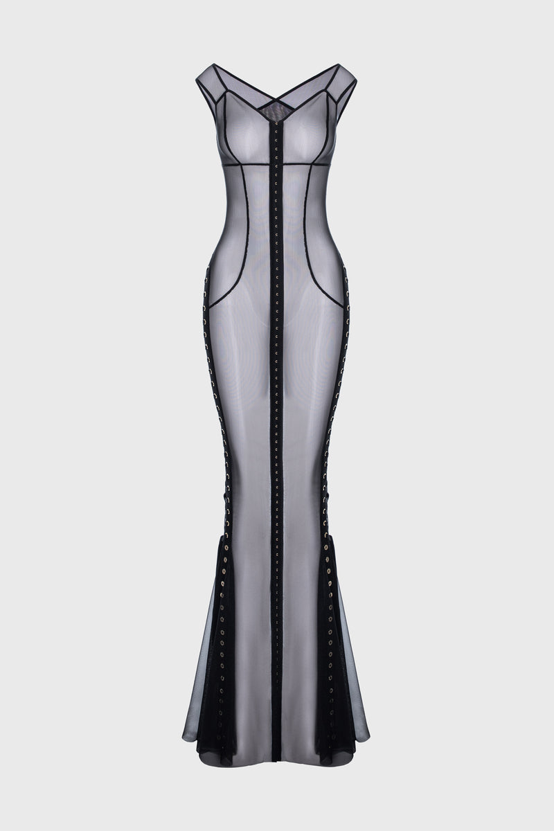 Rochie neagra din tul cu body si furou Tribut Blackcherry