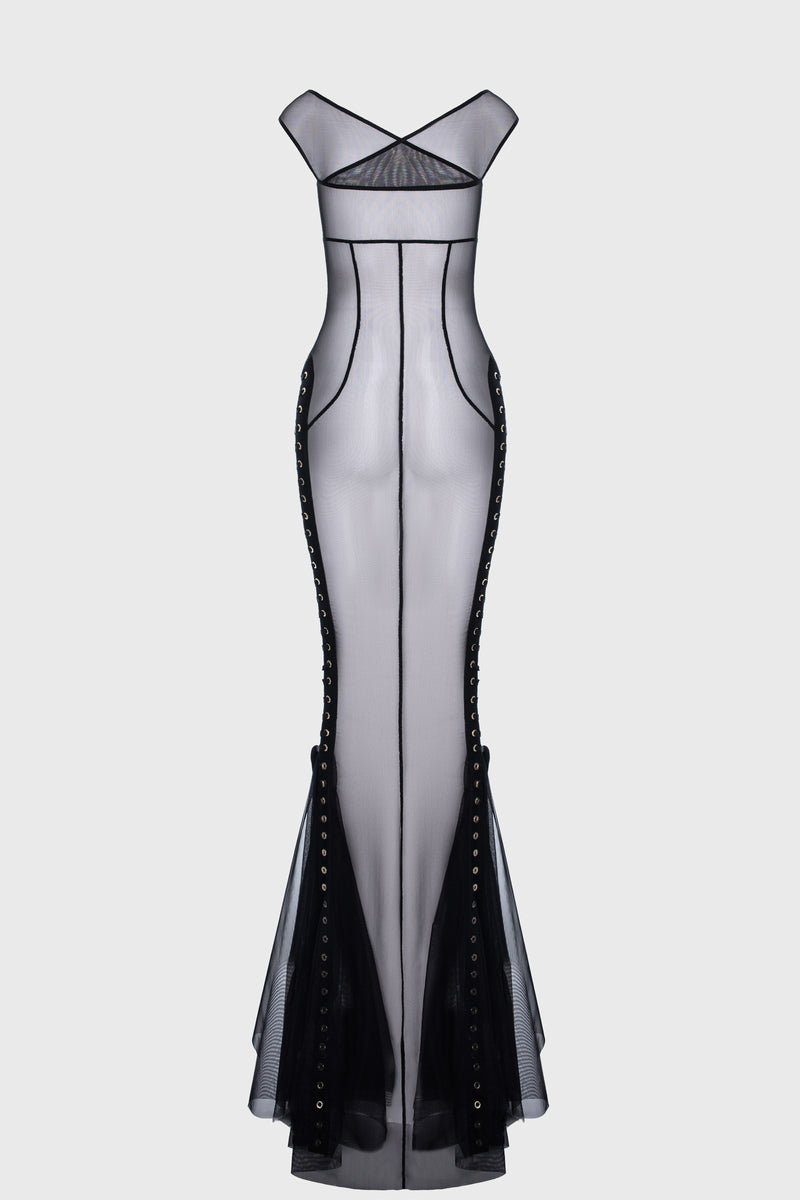 Rochie neagra din tul cu body si furou Tribut Blackcherry