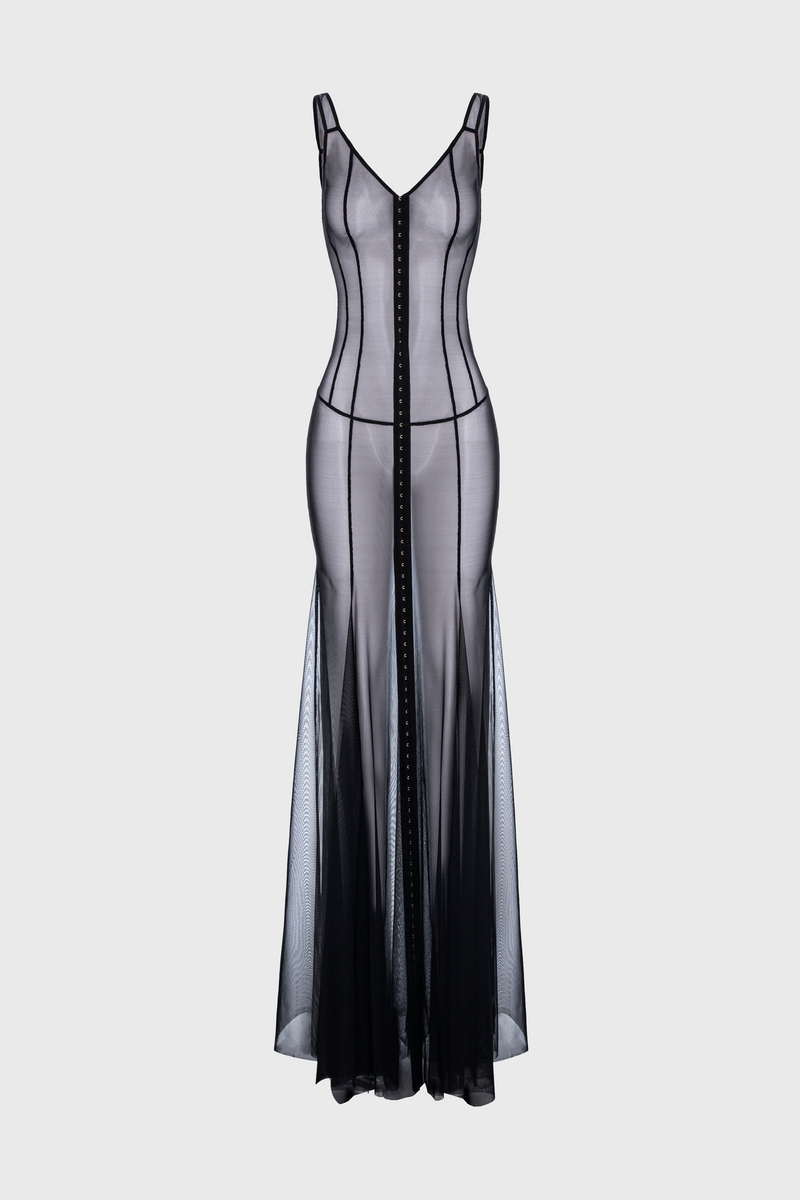 Rochie neagra din tul cu body si furou Tribut String
