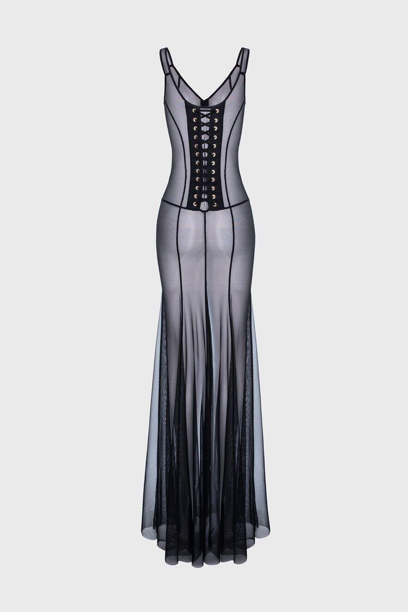 Rochie neagra din tul cu body si furou Tribut String