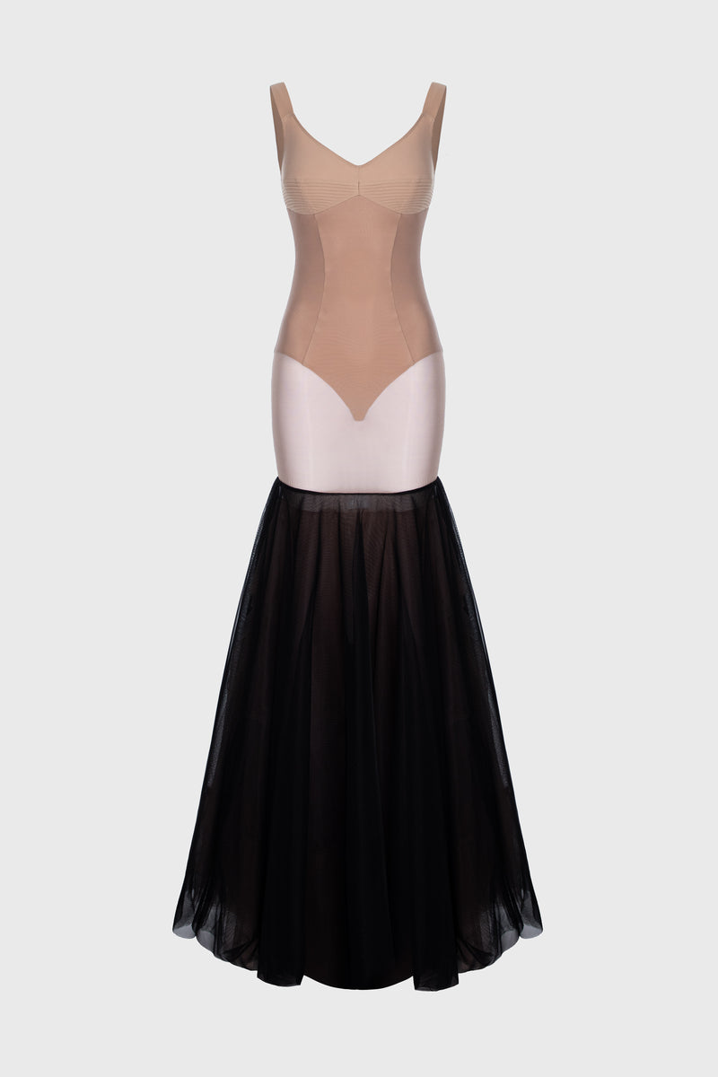 Rochie neagra din tul cu body si furou Tribut Haze
