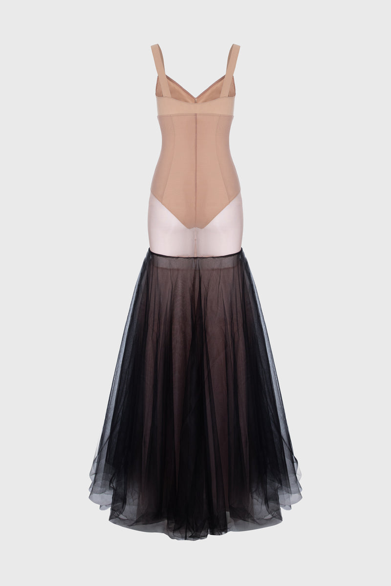 Rochie neagra din tul cu body si furou Tribut Zest