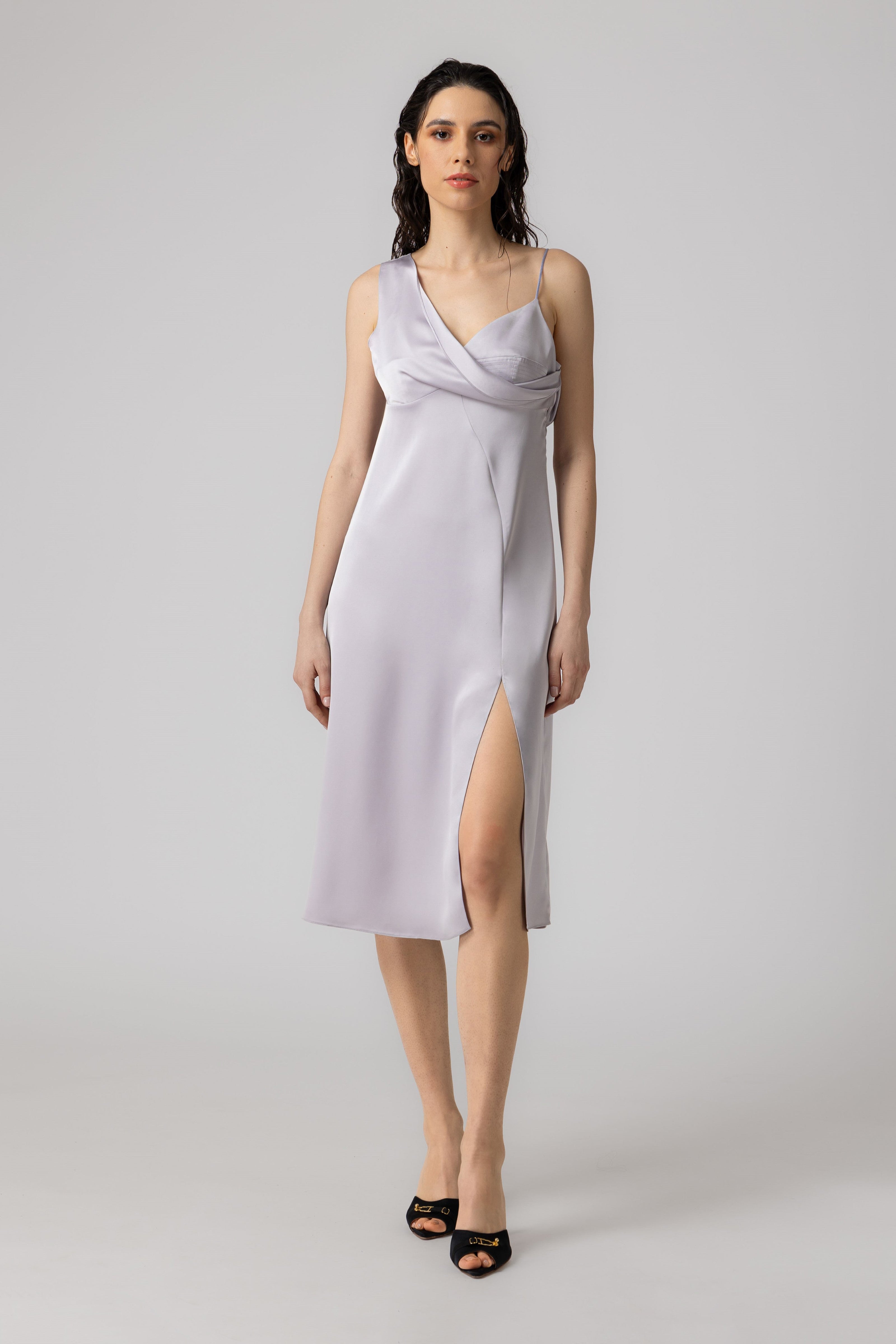Rochie gri midi din satin Allure