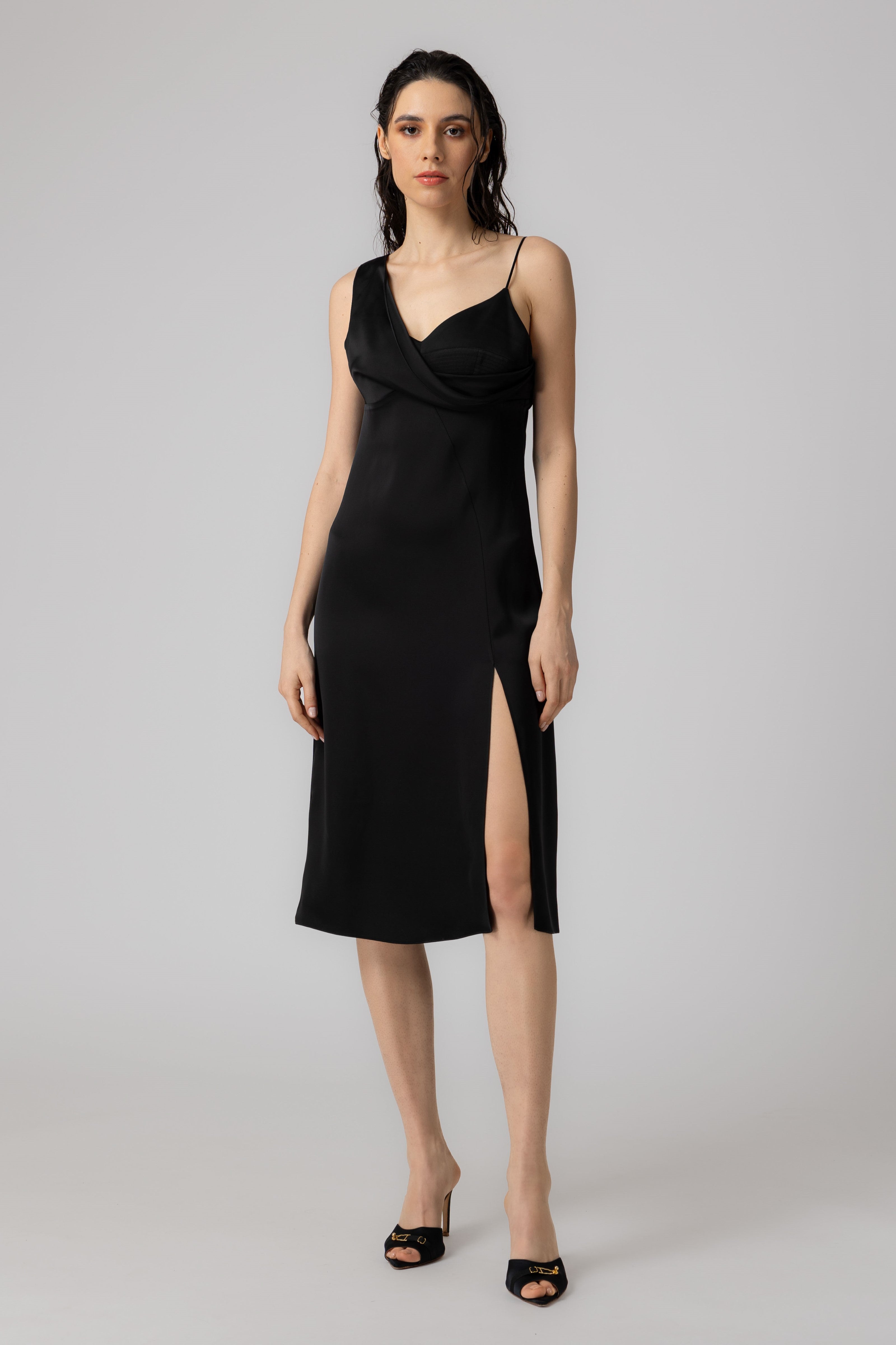 Rochie neagra midi din satin Allure