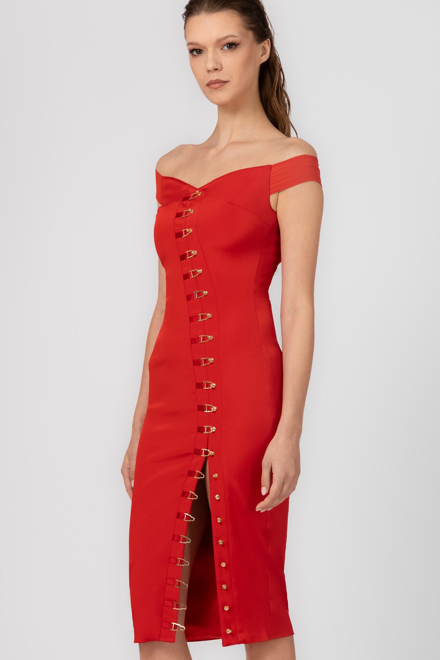 Rochie rosie mulata cu decolteu Ivy