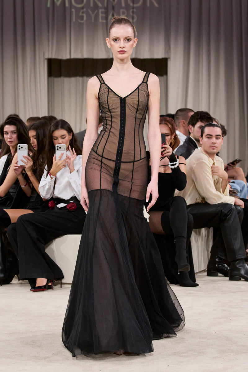 Rochie neagra din tul cu body si furou Tribut String
