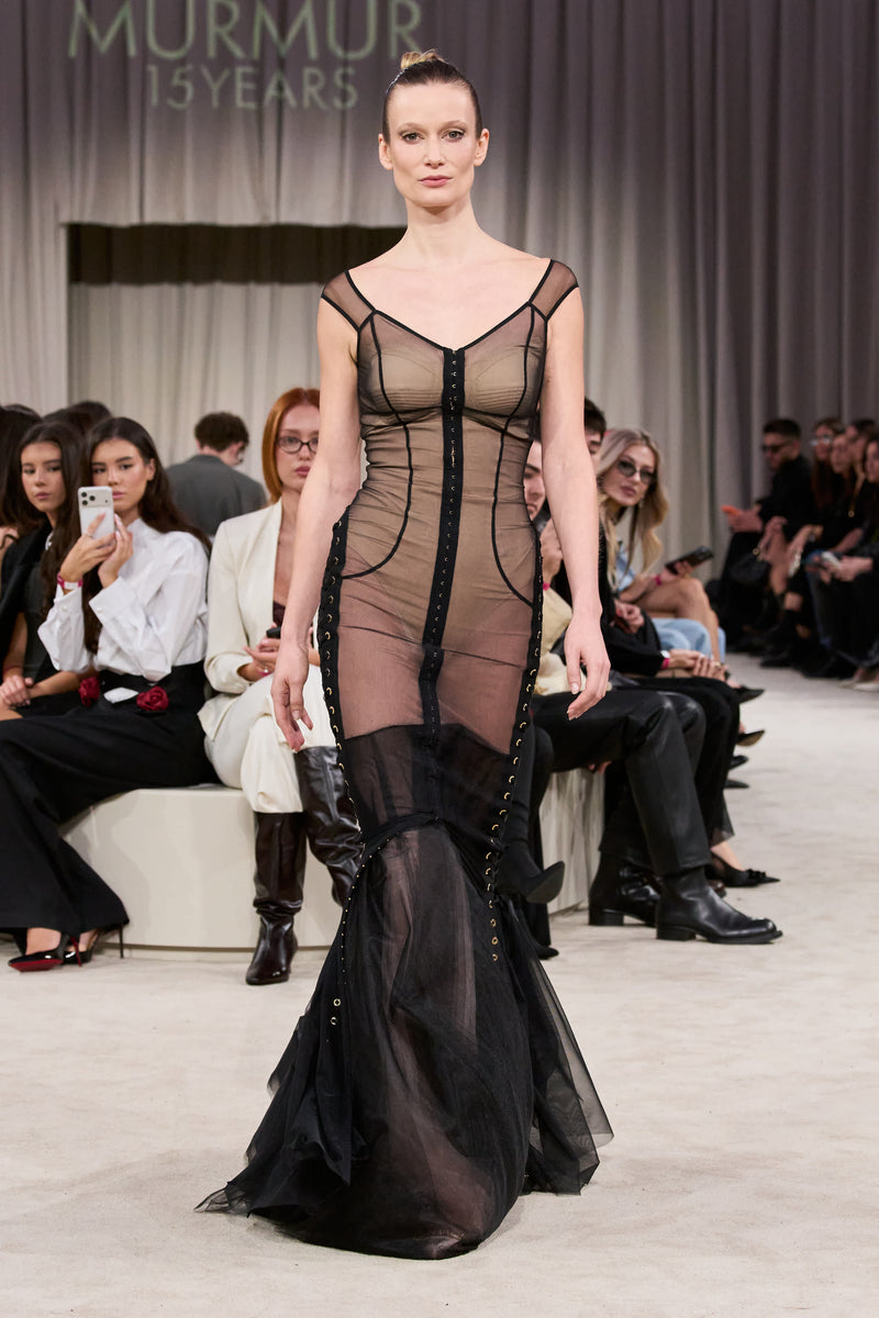 Rochie neagra din tul cu body si furou Tribut Blackcherry