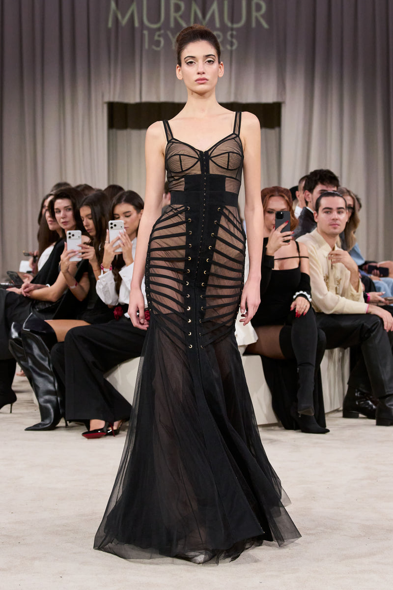 Rochie neagra din tul cu body si furou Tribut Zest