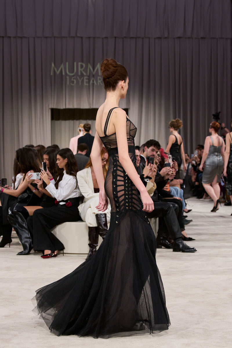 Rochie neagra din tul cu body si furou Tribut Zest