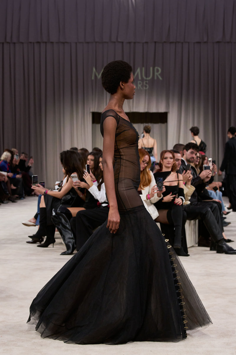 Rochie neagra din tul cu body si furou Tribut Ivy