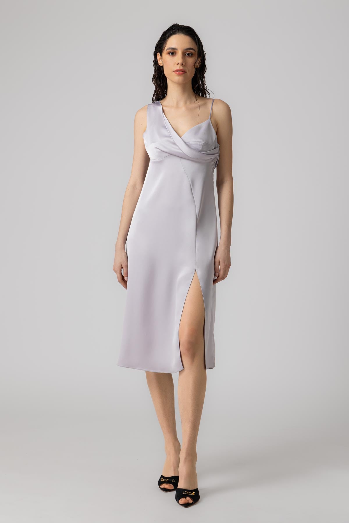 Rochie gri midi din satin Allure