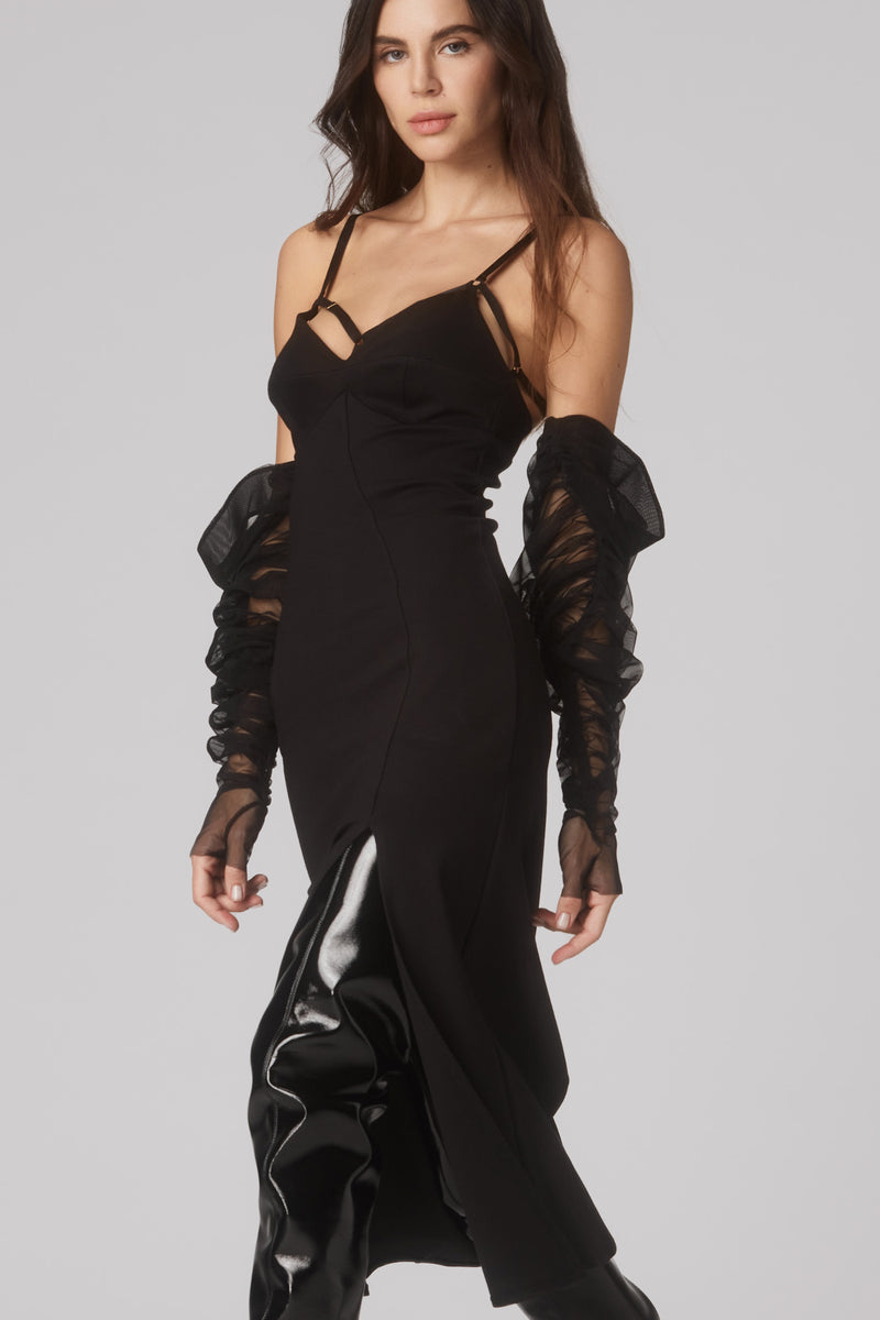 Rochie midi neagra elastica cu bretele Outline