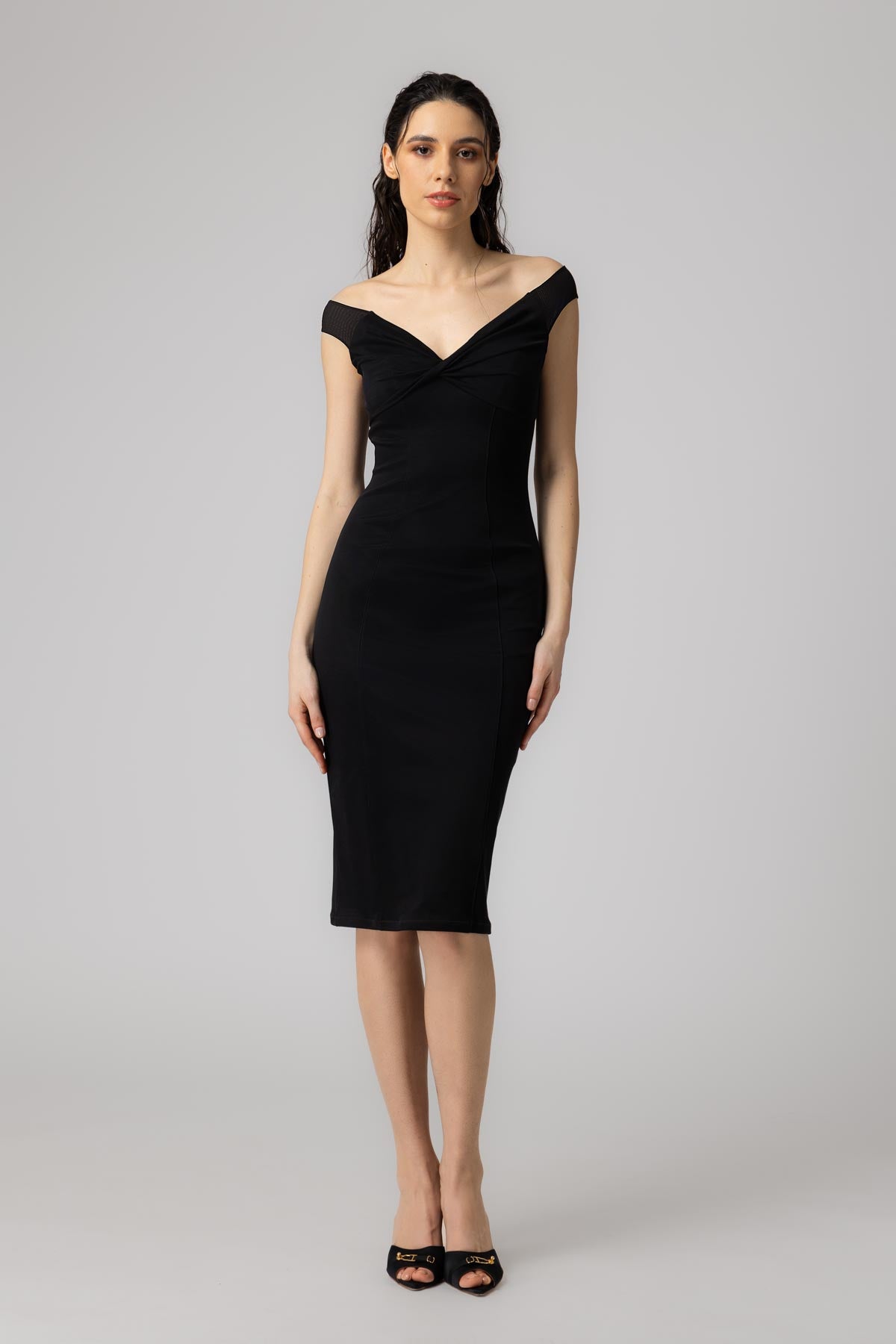 Rochie neagra midi din microfibra modelatoare Twist