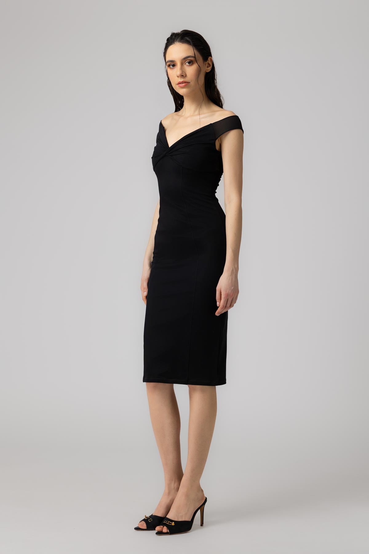 Rochie neagra midi din microfibra modelatoare Twist