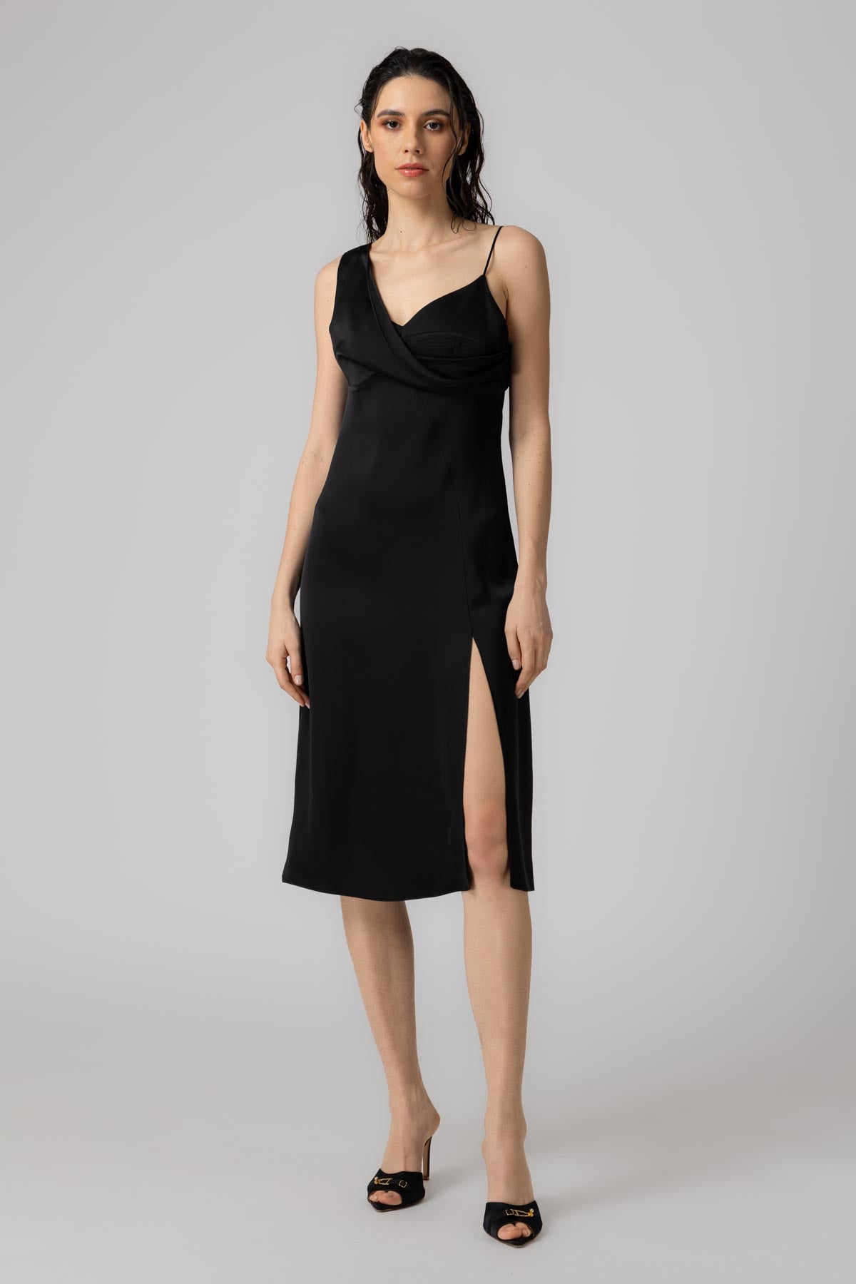 Rochie neagra midi din satin Allure