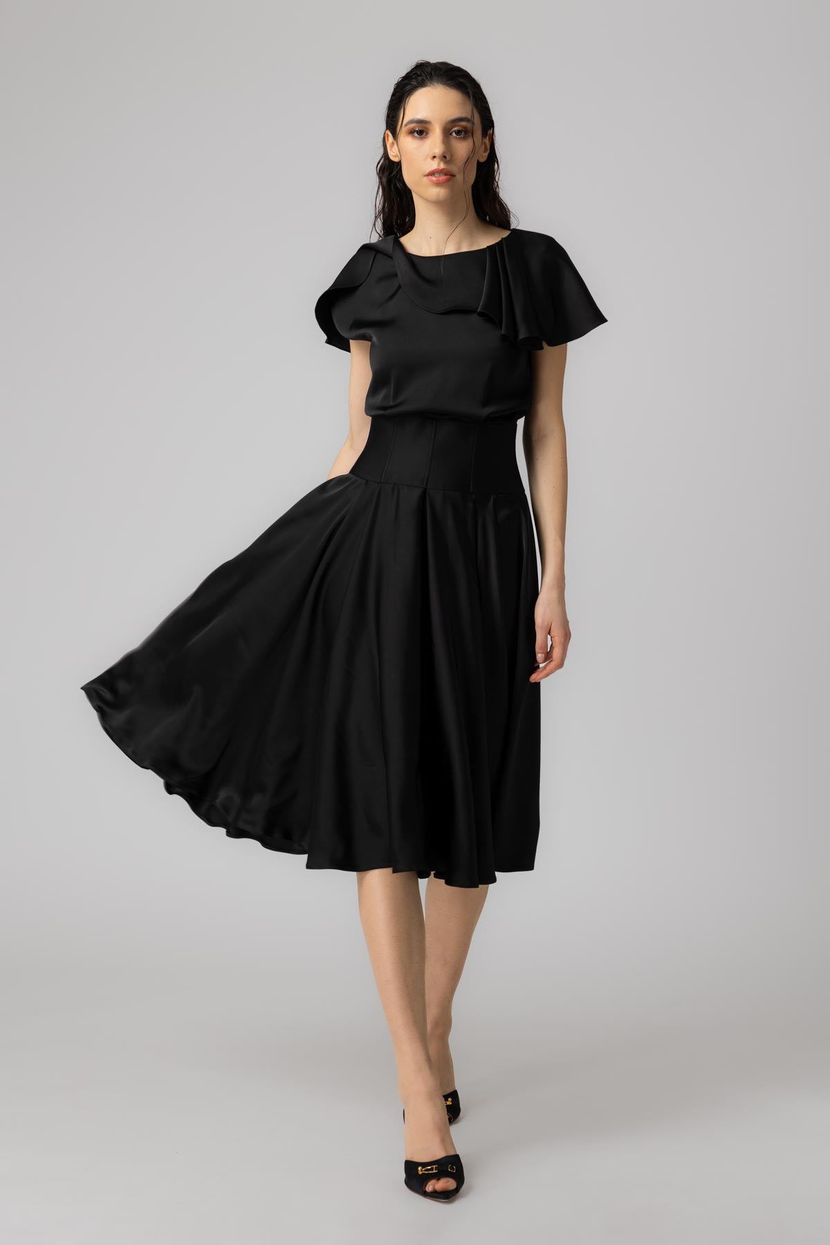 Rochie neagra midi din satin premium Flap
