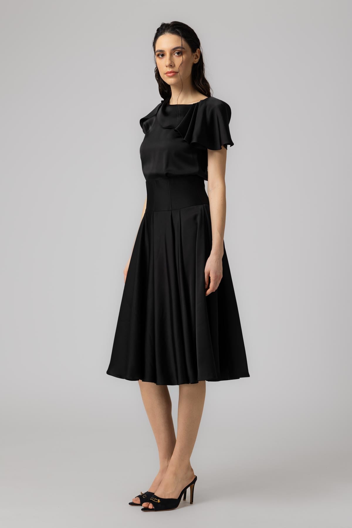 Rochie neagra midi din satin premium Flap