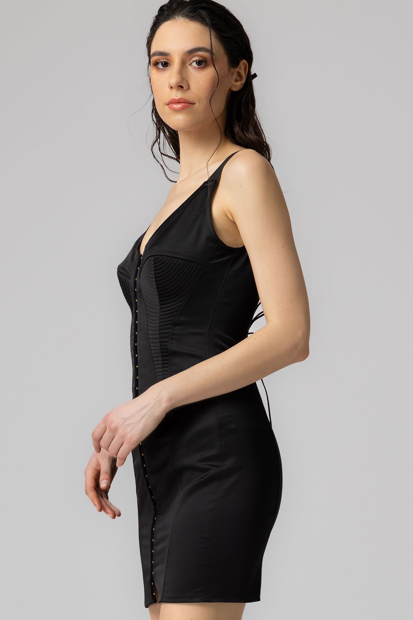 Rochie neagra mulata din satin premium Corset