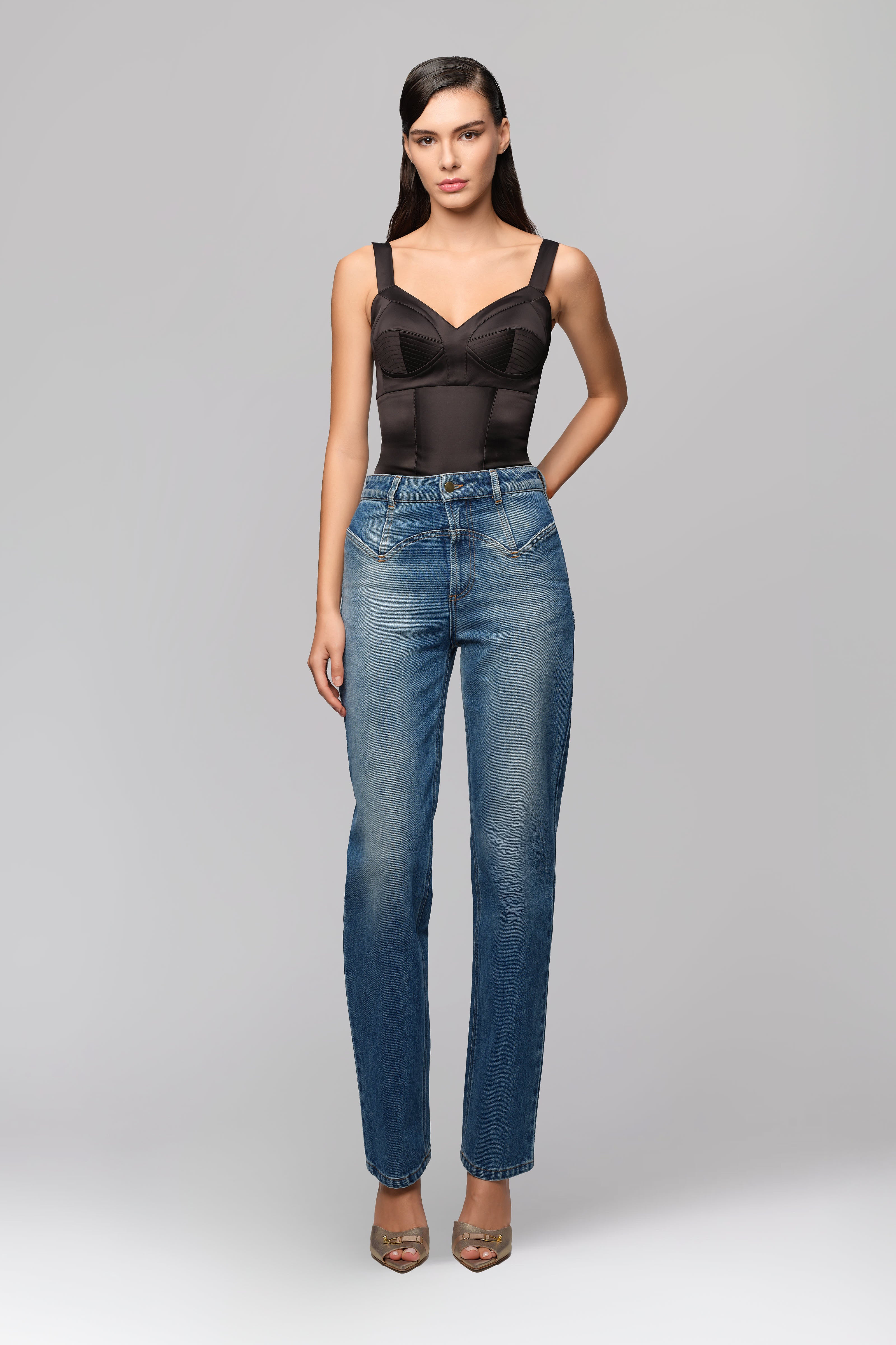 Body negru din satin elastic Sculpt