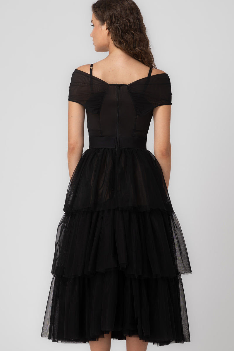 Rochie midi neagra din tulle Sculpt Ruffle