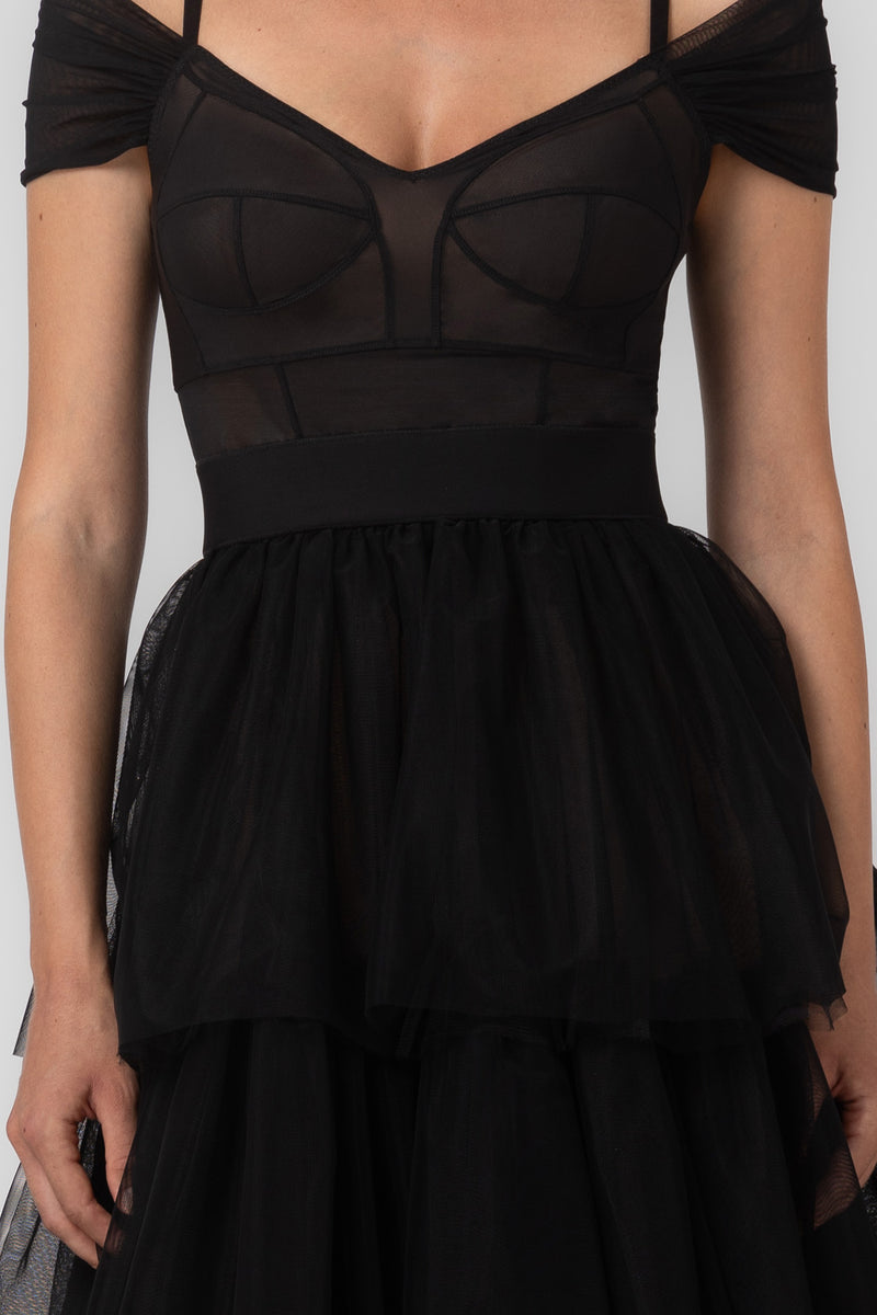 Rochie midi neagra din tulle Sculpt Ruffle