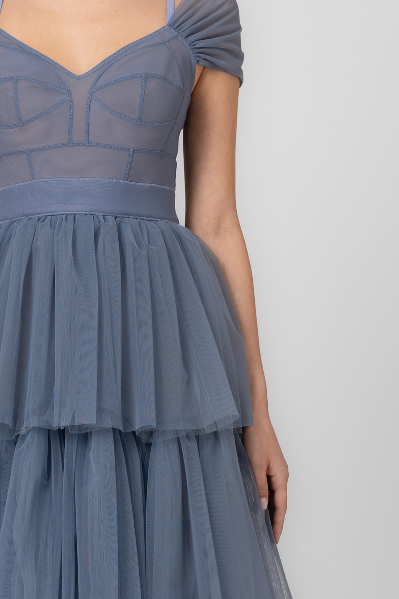Rochie midi albastru deschis din tulle Sculpt Ruffle