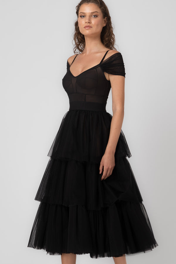 Rochie midi neagra din tulle Sculpt Ruffle