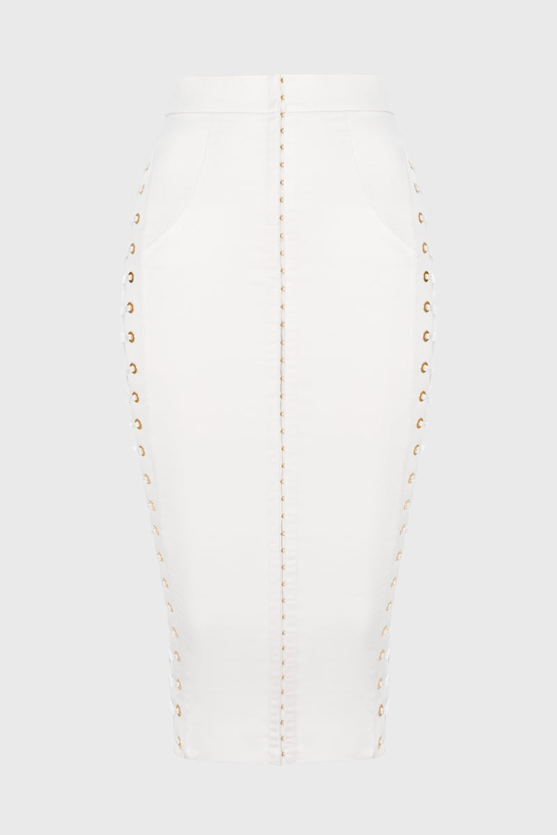 Fusta alba mulata din satin cu insiretare Blackcherry