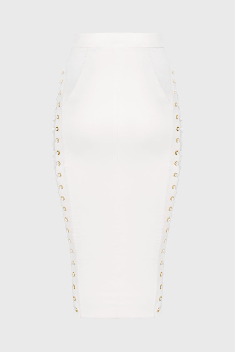 Fusta alba mulata din satin cu insiretare Blackcherry