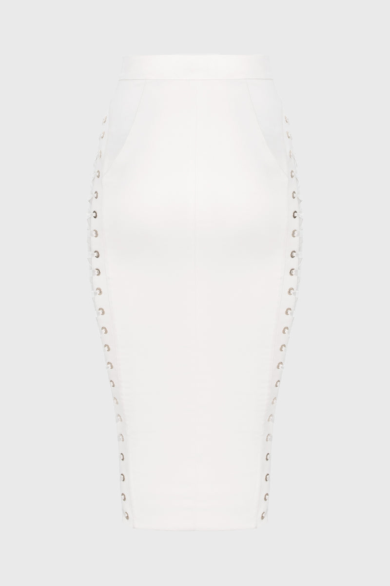 Fusta alba mulata din satin cu insiretare Blackcherry