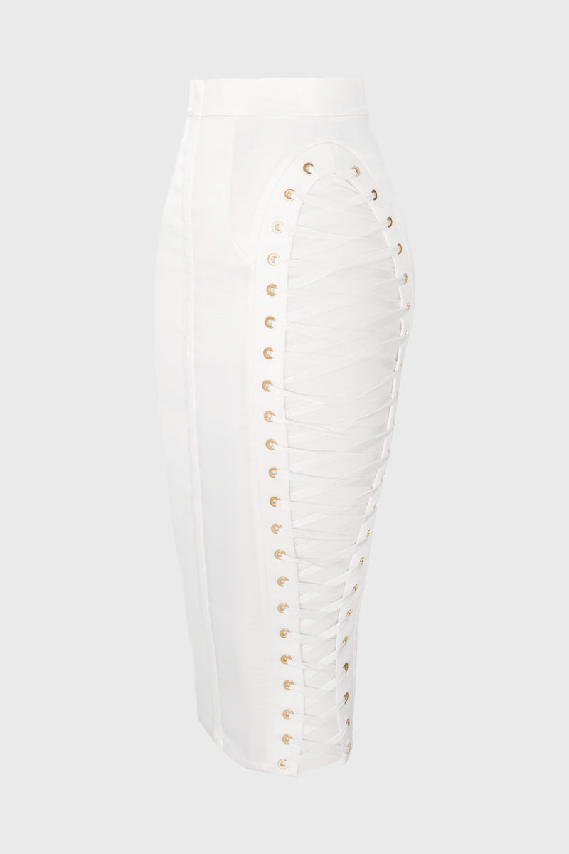 Fusta alba mulata din satin cu insiretare Blackcherry