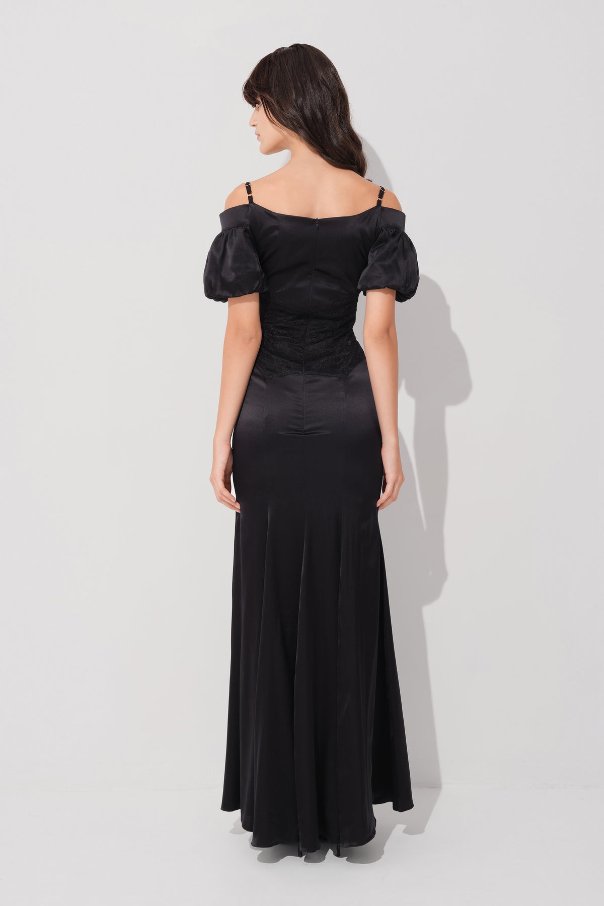 Rochie neagra lunga din matase Blossom