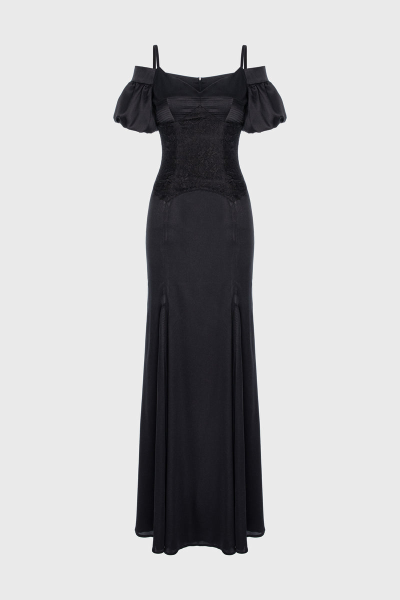 Rochie neagra lunga din matase Blossom