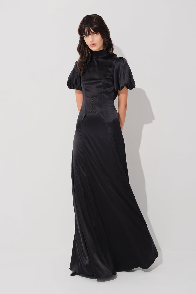 Rochie neagra lunga din matase cu corset Cast