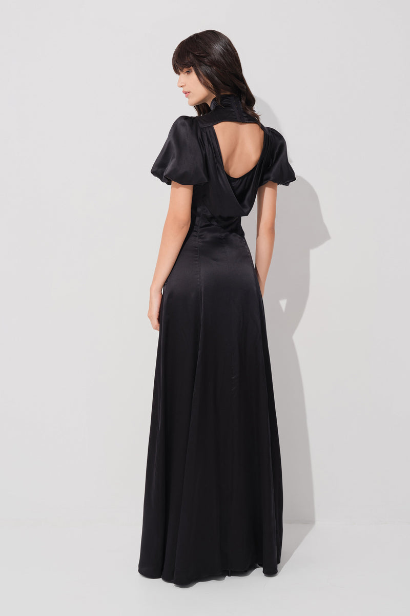 Rochie neagra lunga din matase cu corset Cast