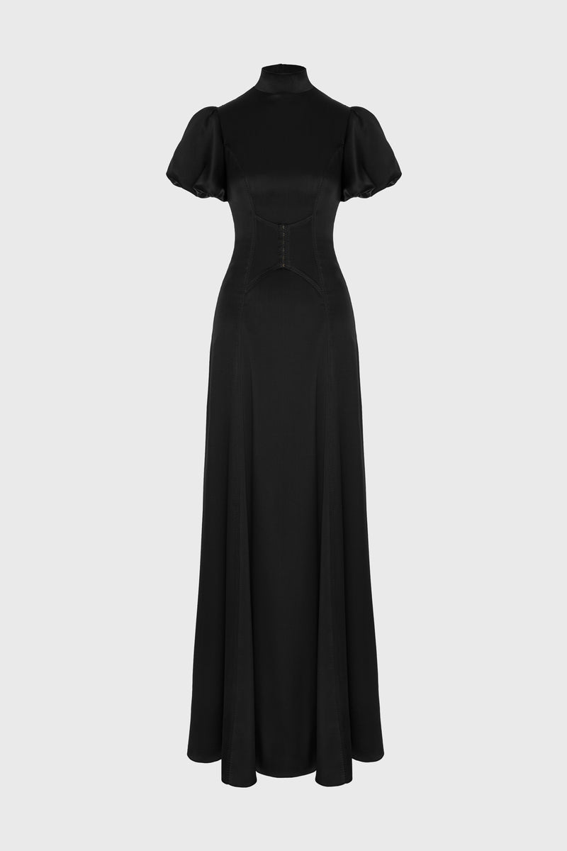 Rochie neagra lunga din matase cu corset Cast