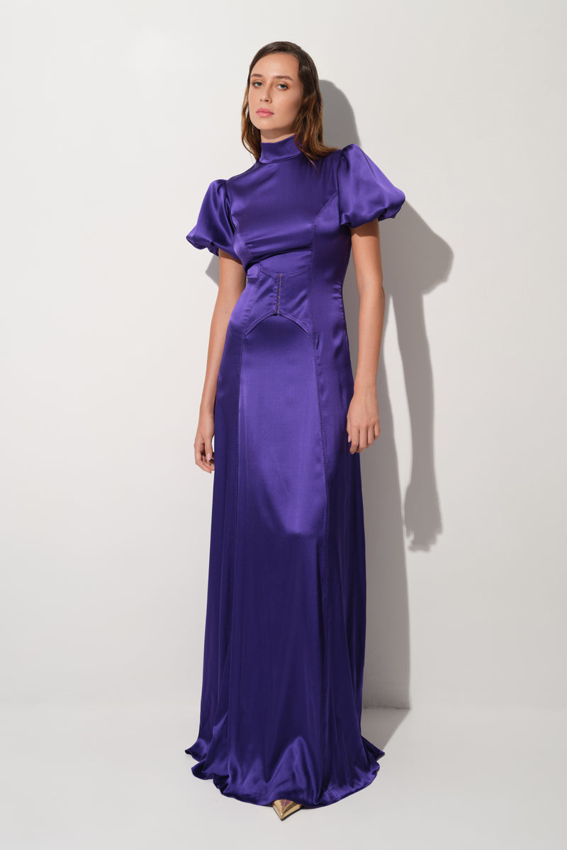Rochie violet lunga din matase cu corset Cast