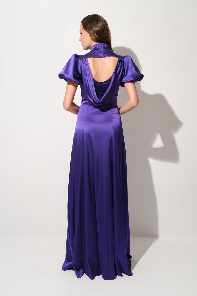 Rochie violet lunga din matase cu corset Cast
