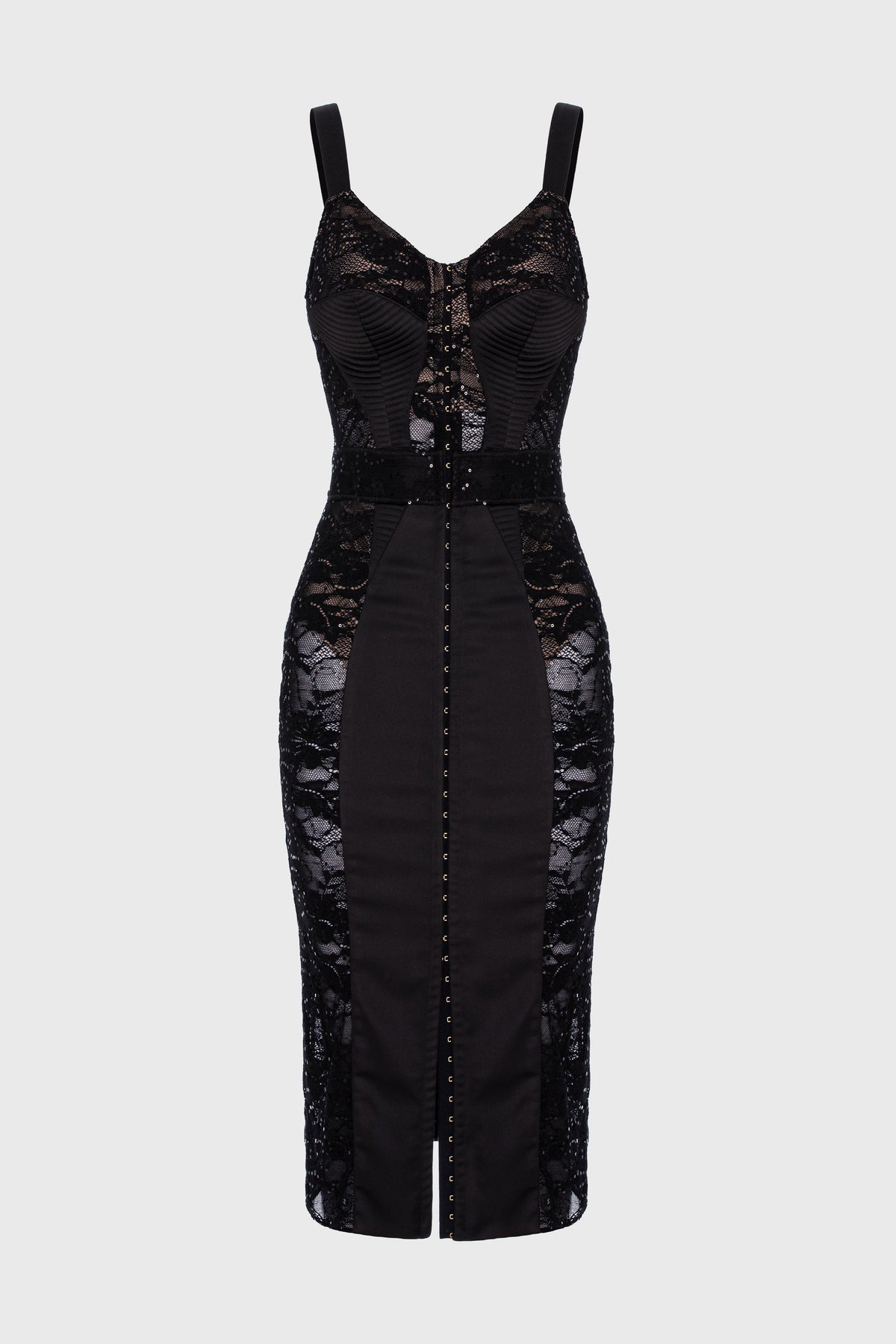 Rochie neagra midi din dantela cu aplicatii Corset