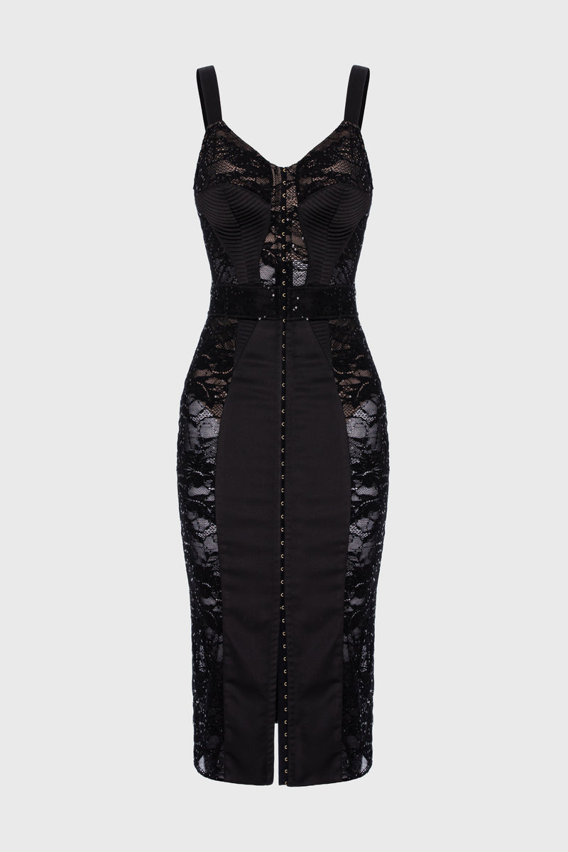 Rochie neagra midi din dantela cu aplicatii Corset