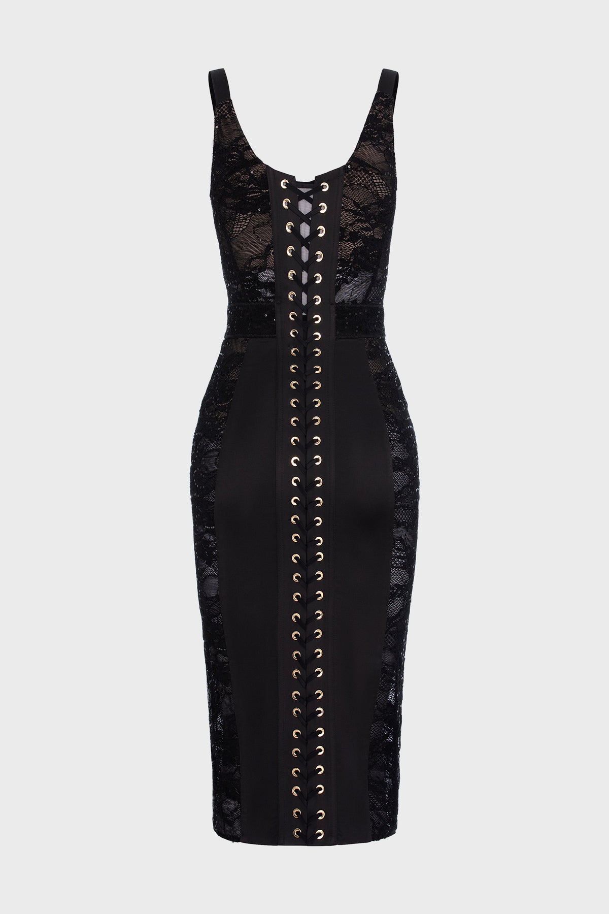 Rochie neagra midi din dantela cu aplicatii Corset