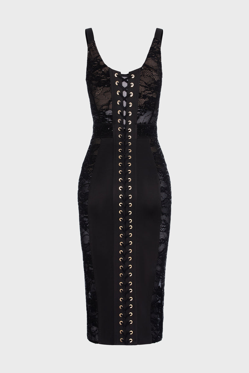 Rochie neagra midi din dantela cu aplicatii Corset