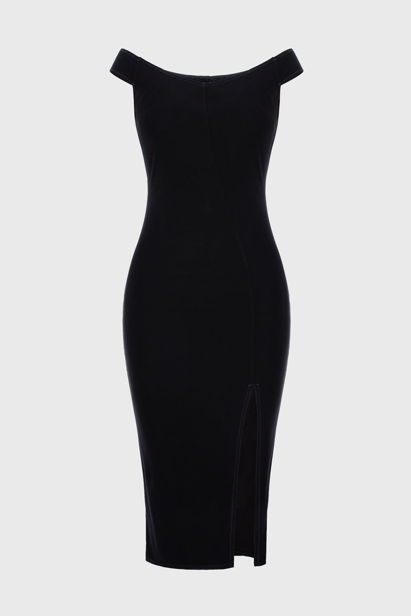 Rochie neagra midi din tricot texturat din vascoza Explicit