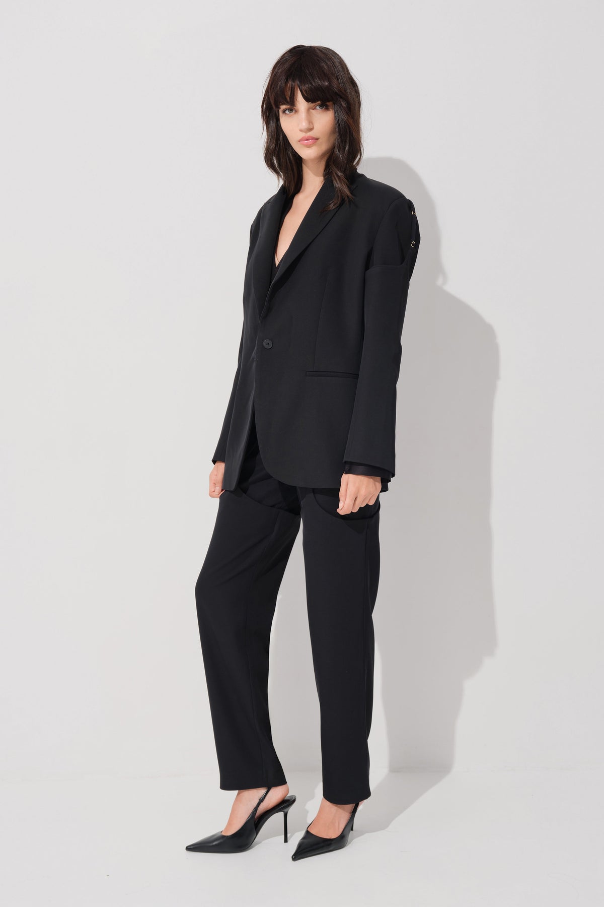 Pantaloni negri din lana cu efect de portjartier Garter